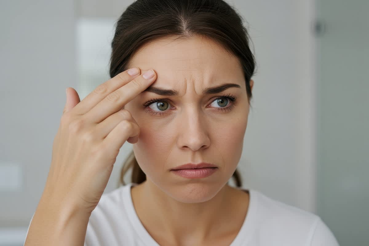 Woman examining facial wrinkles before Botox treatment